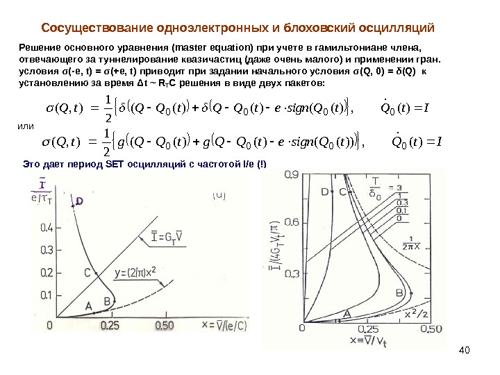 40 Сосуществование одноэлектронных и блоховский осцилляций Решение основного уравнения ( master equation) при учете в гамильтониане