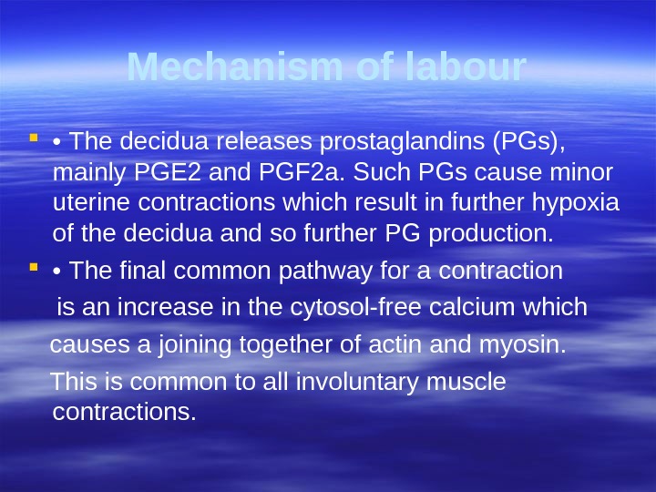 Mechanism of labour  •  The decidua releases prostaglandins (PGs),  mainly  PGE 2