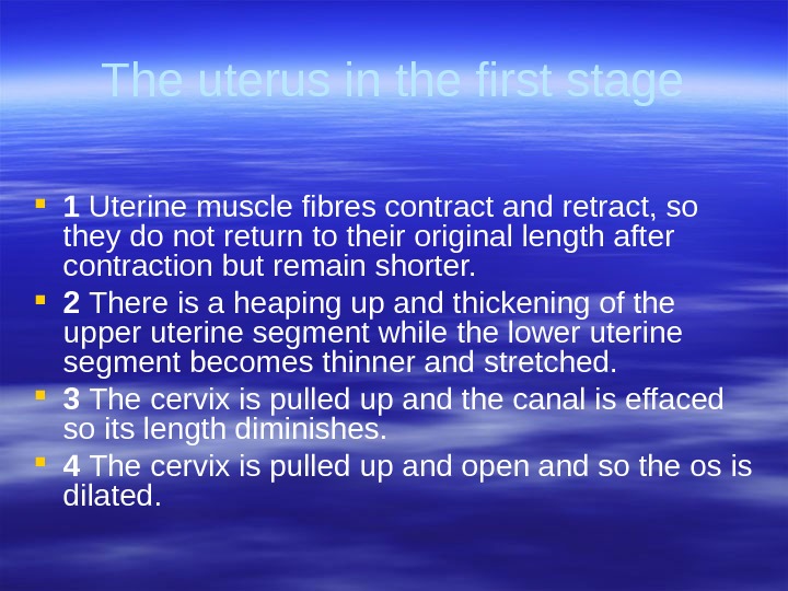 The uterus in the first stage 1 Uterine muscle fibres contract and retract, so  they