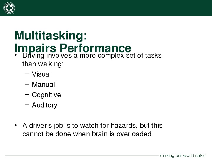 nsc. org Multitasking: Impairs. Performance • Drivinginvolvesamorecomplexsetoftasks thanwalking: – Visual – Manual – Cognitive – Auditory