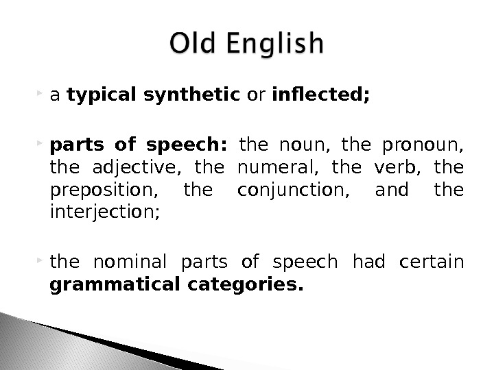  a typical synthetic or inflected;  parts of speech:  the noun,  the pronoun,