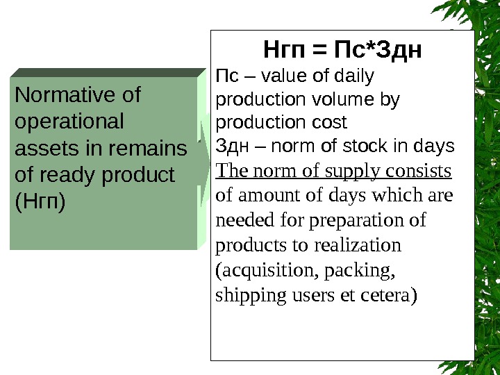   Normative of operational assets  in remains of ready product  (Нгп) Нгп =