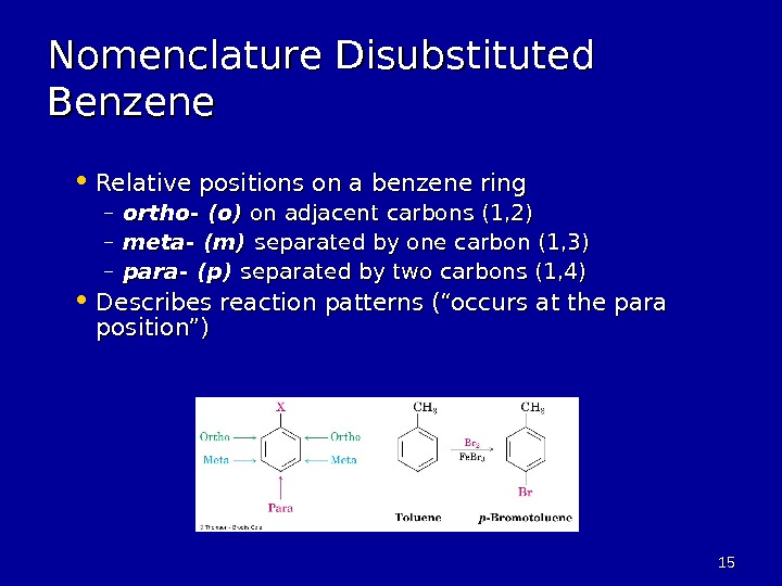 1515 Nomenclature Disubstituted Benzene • Relative positions on a benzene ring – ortho- (o) on adjacent