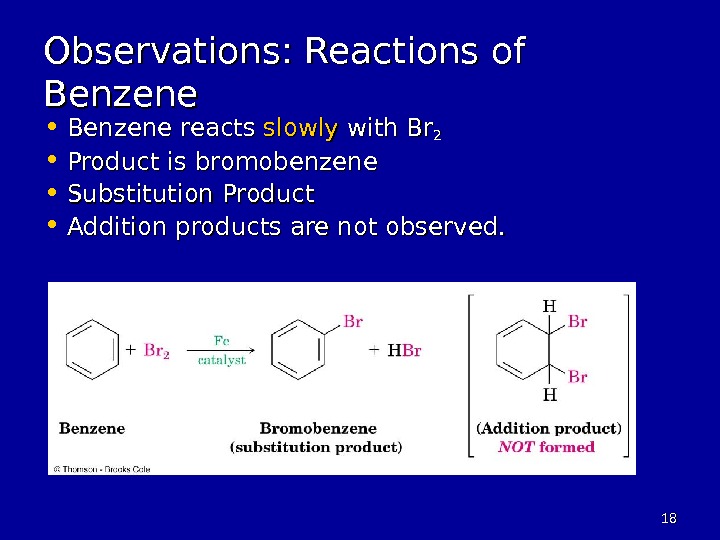 1818 Observations: Reactions of  Benzene • Benzene reacts slowly with Br 22 • Product is