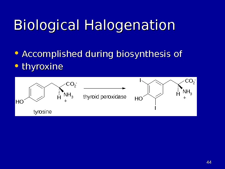 4444 Biological Halogenation • Accomplished during biosynthesis of • thyroxine. OH NH 3 H I I