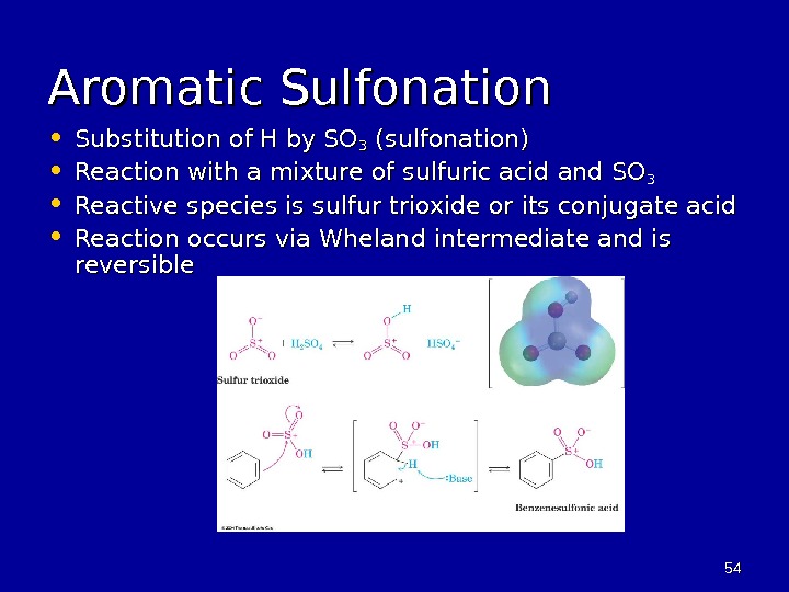 5454 Aromatic Sulfonation • Substitution of H by SO 33 (sulfonation) • Reaction with a mixture