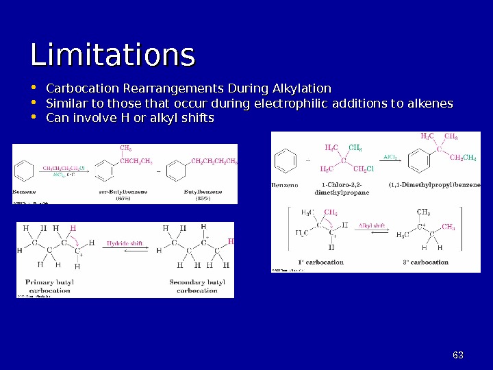 6363 Limitations • Carbocation Rearrangements During Alkylation  • Similar to those that occur during electrophilic