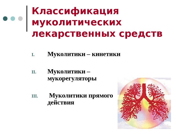  Классификация муколитических лекарственных средств I. Муколитики – кинетики II. Муколитики – мукорегуляторы III.  Муколитики