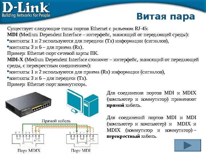 Существует следующие типы портов Ethernet с разъемом RJ -45: MDI (Medium Dependent Interface – интерфейс, зависящий