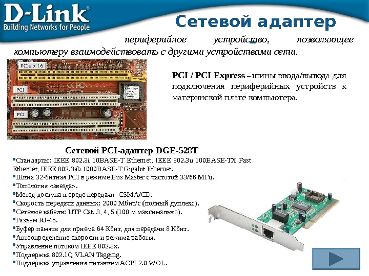 Сетевой адаптер  – периферийное устройство,  позволяющее компьютеру взаимодействовать с другими устройствами сети.  PCI