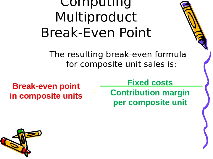 The resulting break-even formula for composite unit sales is: Break-even point in composite units Fixed costs