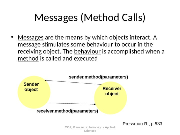 Messages (Method Calls) • Messages are the means by which objects interact. A message stimulates some