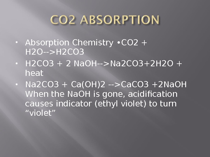  Absorption Chemistry • CO 2 + H 2 O--H 2 CO 3 + 2 Na.