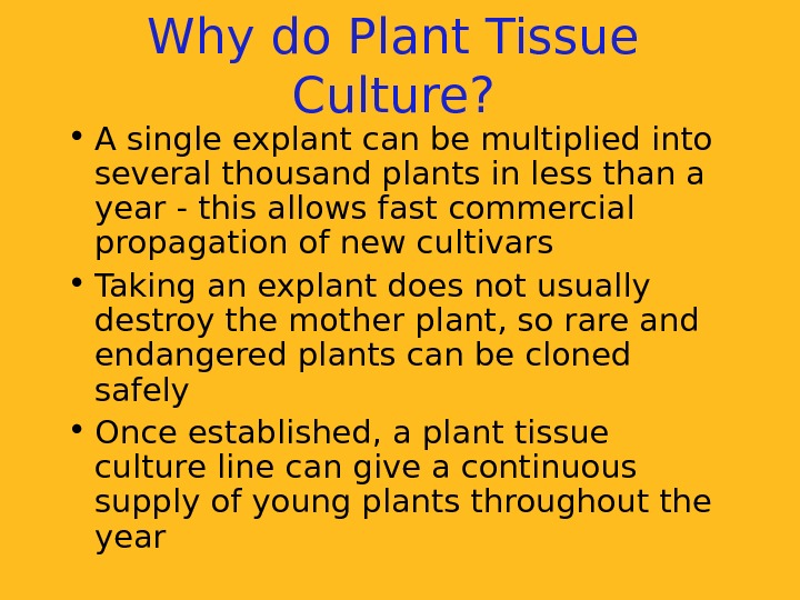   Why do Plant Tissue Culture?  • A single explant can be multiplied into