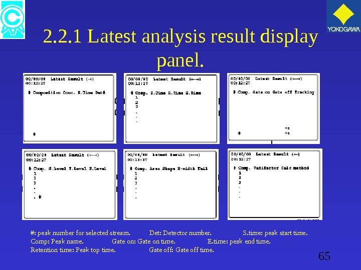 65 2. 2. 1 Latest analysis result display panel. #: peak number for selected stream. 