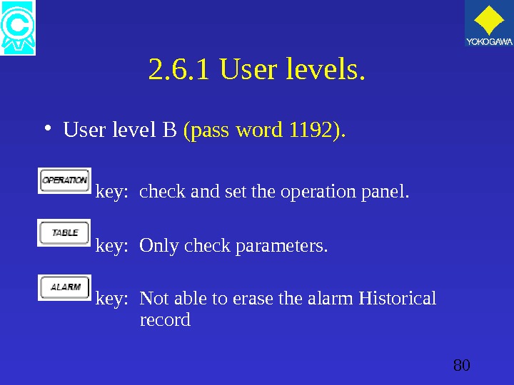 80 2. 6. 1 User levels.  • User level B (pass word 1192). key: 