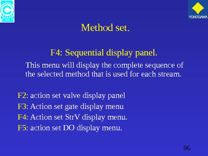 96  Method set. F 4: Sequential display panel. This menu will display the complete sequence