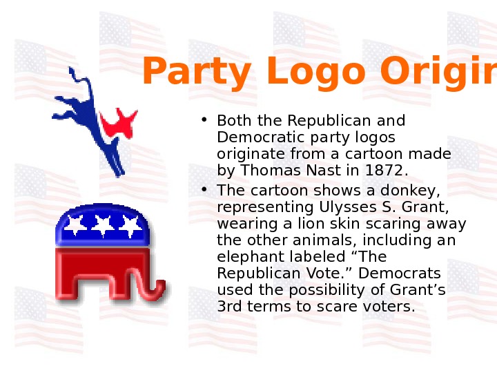   Party Logo Origins • Both the Republican and Democratic party logos originate from a