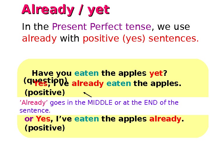 Already / yet   Have you eaten the apples yet ?  (question)  Yes