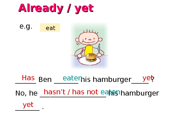 ______ Ben _______ his hamburger_____ ? No, he __________ his hamburger _______. Has eaten yet hasn’t