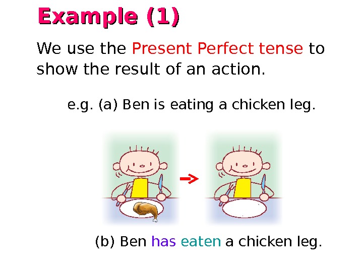 e. g. (a) Ben is eating a chicken leg. (b) Ben has eaten a chicken leg.