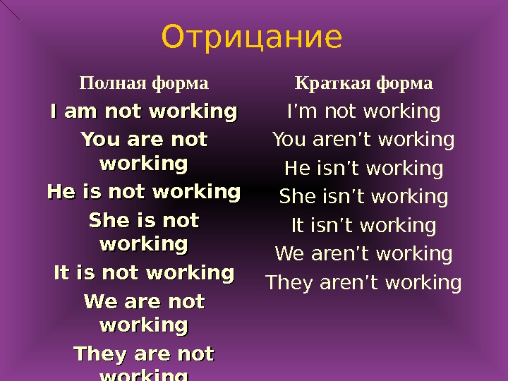 Отрицание Полная форма I am not working You are not working He is not working She