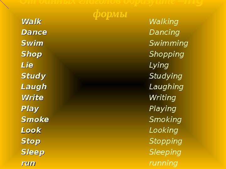 От данных глаголов образуйте – ing формы Walk Dance Swim Shop Lie Study Laugh Write Play