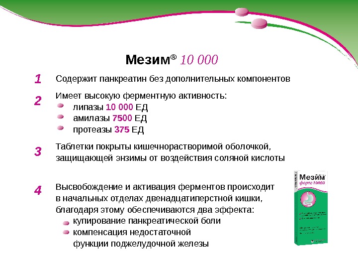 11 Мезим ®  10 000 Содержит панкреатин без дополнительных компонентов Имеет высокую ферментную активность: липазы