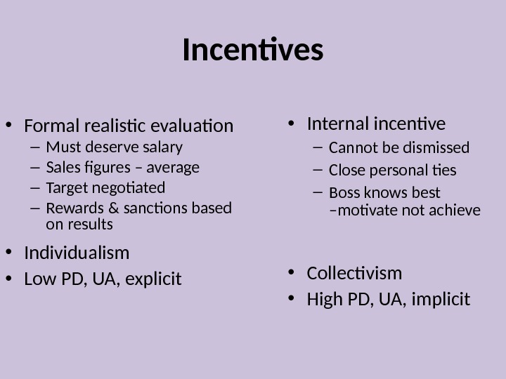 Incentives • Formal realistic evaluation – Must deserve salary – Sales figures – average – Target