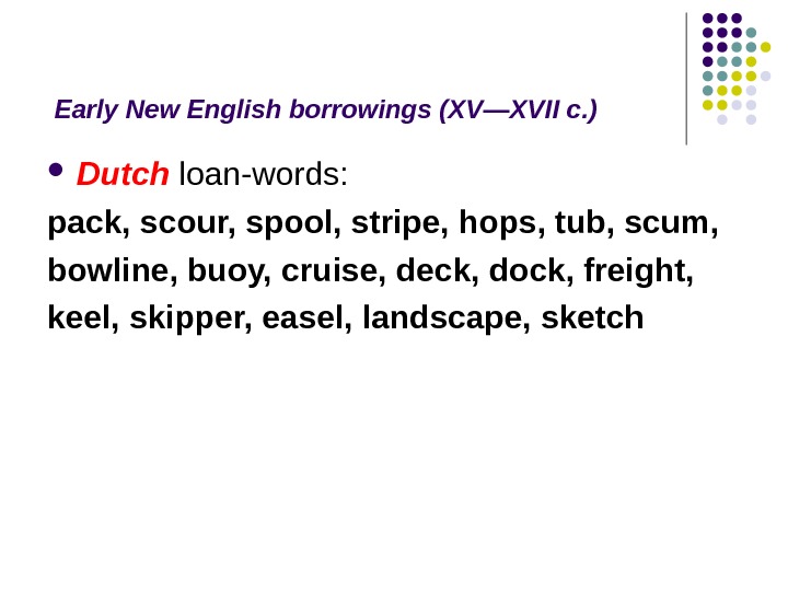 Early New English borrowings (XV — XVII c. ) Dutch  loan-words:  pack, scour, spool,