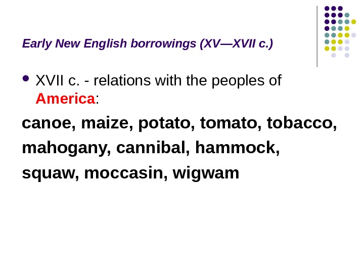 Early New English borrowings (XV — XVII c. ) XVII c. - relations with the peoples