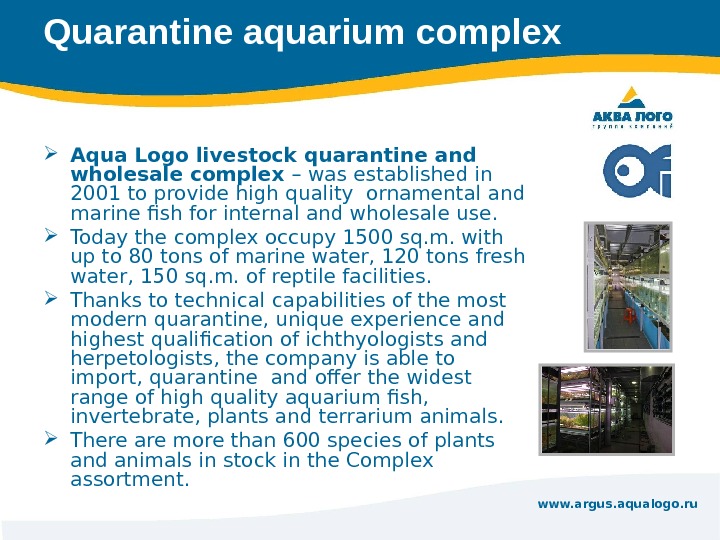 www. argus. aqualogo. ru. Q uarantine aquarium complex Aqua Logo livestock quarantine and wholesale complex –
