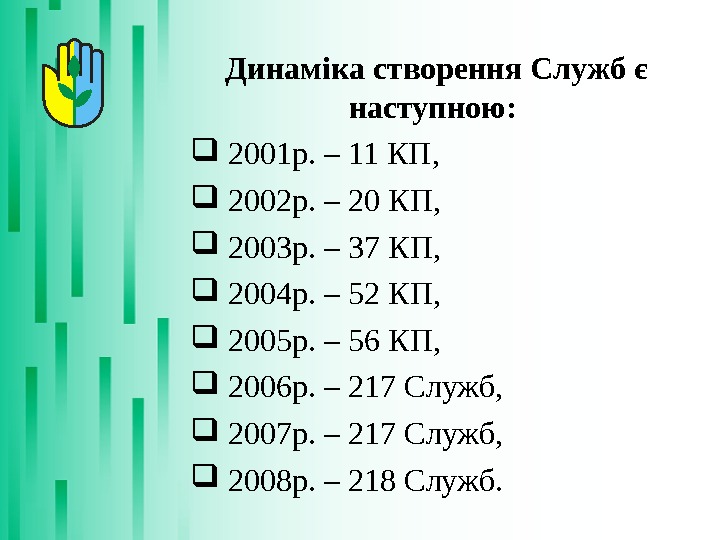 Динаміка створення Служб є наступною: 2001 р. – 11 КП, 2002 р. – 20 КП, 2003