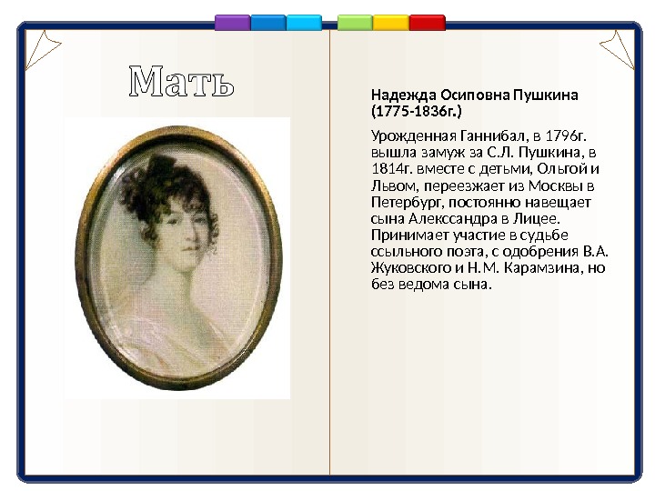 Надежда Осиповна Пушкина (1775-1836г. )  Урожденная Ганнибал, в 1796г.  вышла замуж за С. Л.