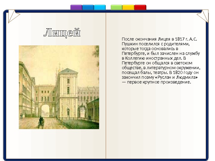 После окончания Лицея в 1817 г. А. С.  Пушкин поселился с родителями,  которые тогда