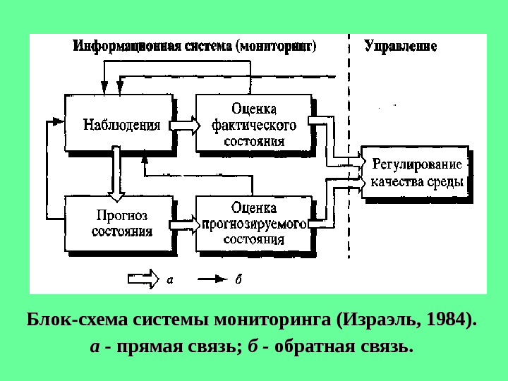 Блок-схема системы мониторинга (Израэль, 1984). а - прямая связь;  б - обратная связь. 