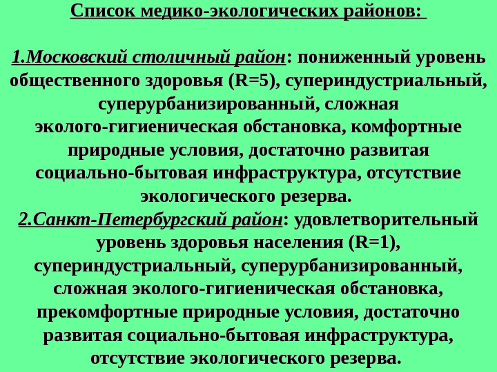 Список медико-экологических районов:  1. Московский cтоличный район : пониженный уровень общественного здоровья (R=5), супериндустриальный, 
