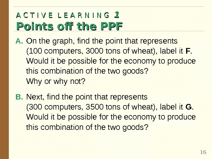 A. On the graph, find the point that represents (100 computers, 3000 tons of wheat), label