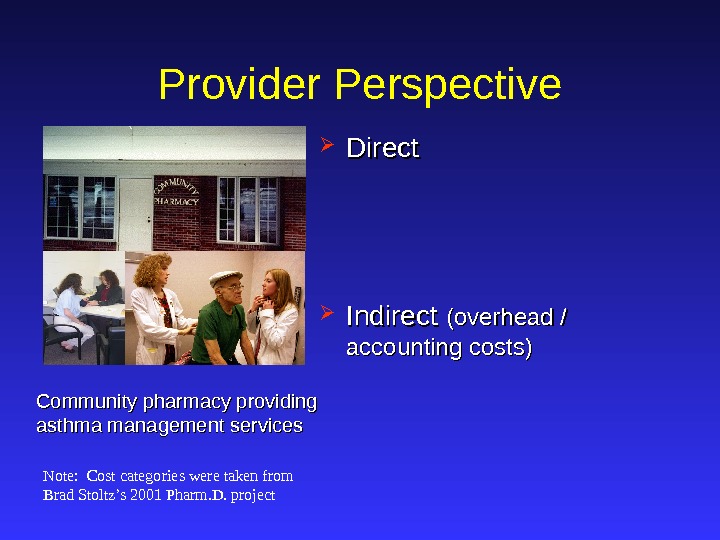  Direct Indirect (overhead / accounting costs)Provider Perspective Community pharmacy providing asthma management services Note: 
