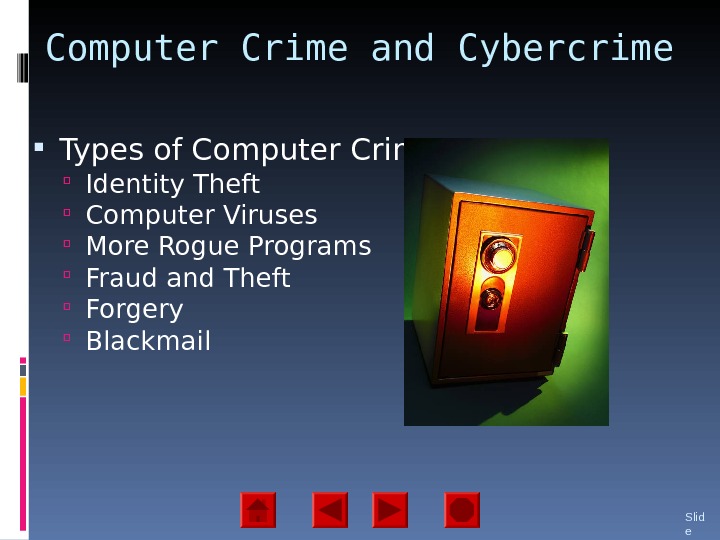 Computer Crime and Cybercrime Types of Computer Crime Identity Theft Computer Viruses More Rogue Programs Fraud