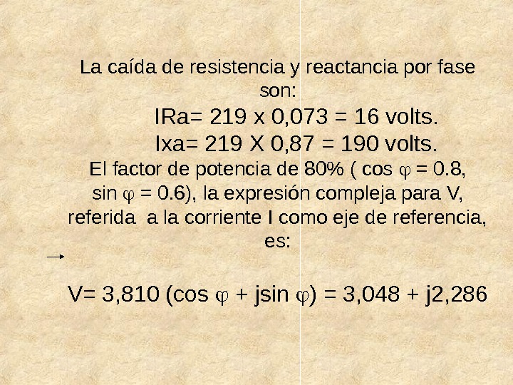 La caída de resistencia y reactancia por fase son:  IRa= 219 x 0, 073 =