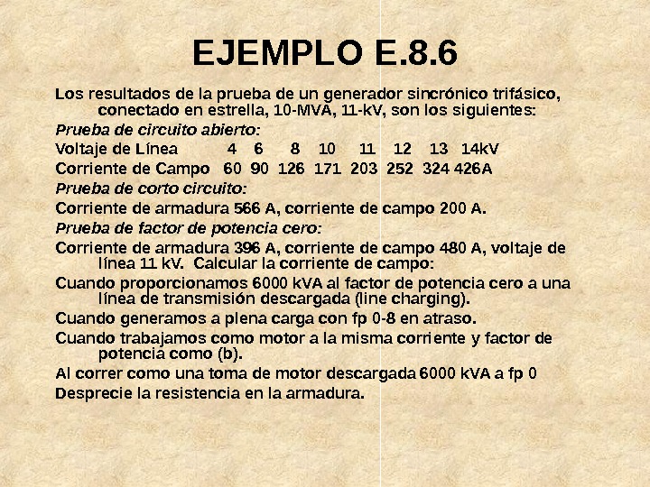 EJEMPLO E. 8. 6 Los resultados de la prueba de un generador sincrónico trifásico,  conectado