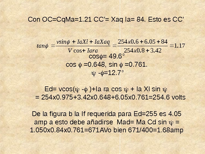 Con OC=Cq. Ma=1. 21 CC’= Xaq Ia= 84. Esto es CC’  cos = 49. 6°