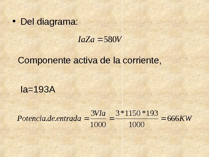  • Del diagrama: Ia=193 AVIa. Za 580 Componente activa de la corriente, KW VIa entradade.