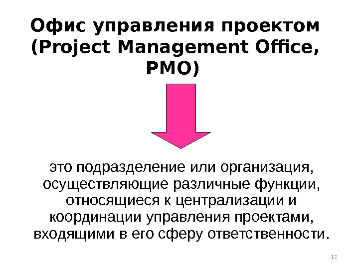 Офис управления проектом ( Project Management Office,  PMO)  это подразделение  или организация, 