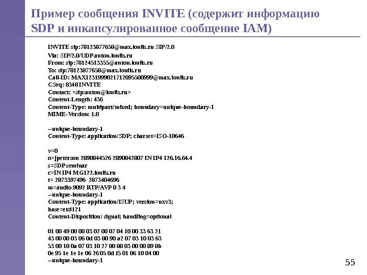 55   INVITE sip: 78123877658@max. loniis. ru SIP/2. 0  Via: SIP/2. 0/UDP anton. loniis.