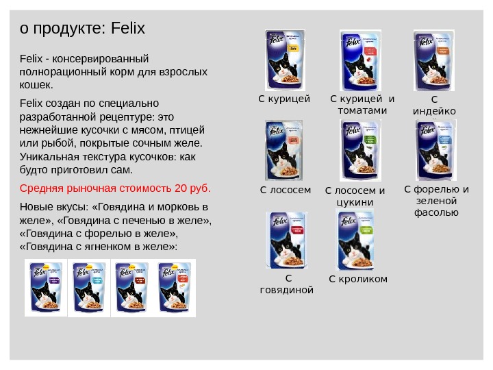 о продукте:  Felix - консервированный полнорационный корм для взрослых кошек.  Felix создан по специально