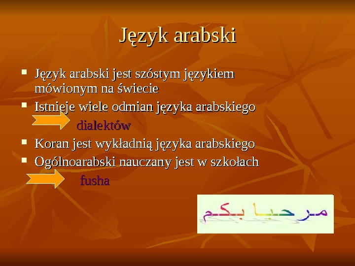   Język arabski jest szóstym językiem mówionym na świecie Istnieje wiele odmian języka arabskiego 