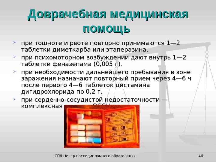 СПб Центр последипломного образования 46Доврачебная медицинская помощь при тошноте и рвоте повторно принимаются 1— 2 таблетки