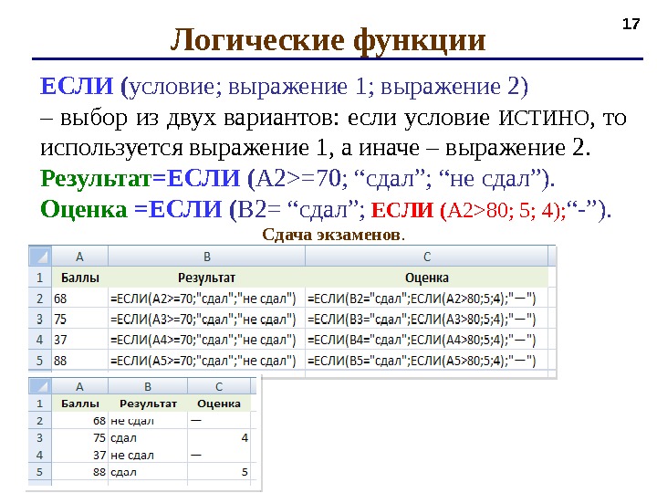 17 ЕСЛИ ( условие; выражение 1; выражение 2)  –  выбор из двух вариантов: если